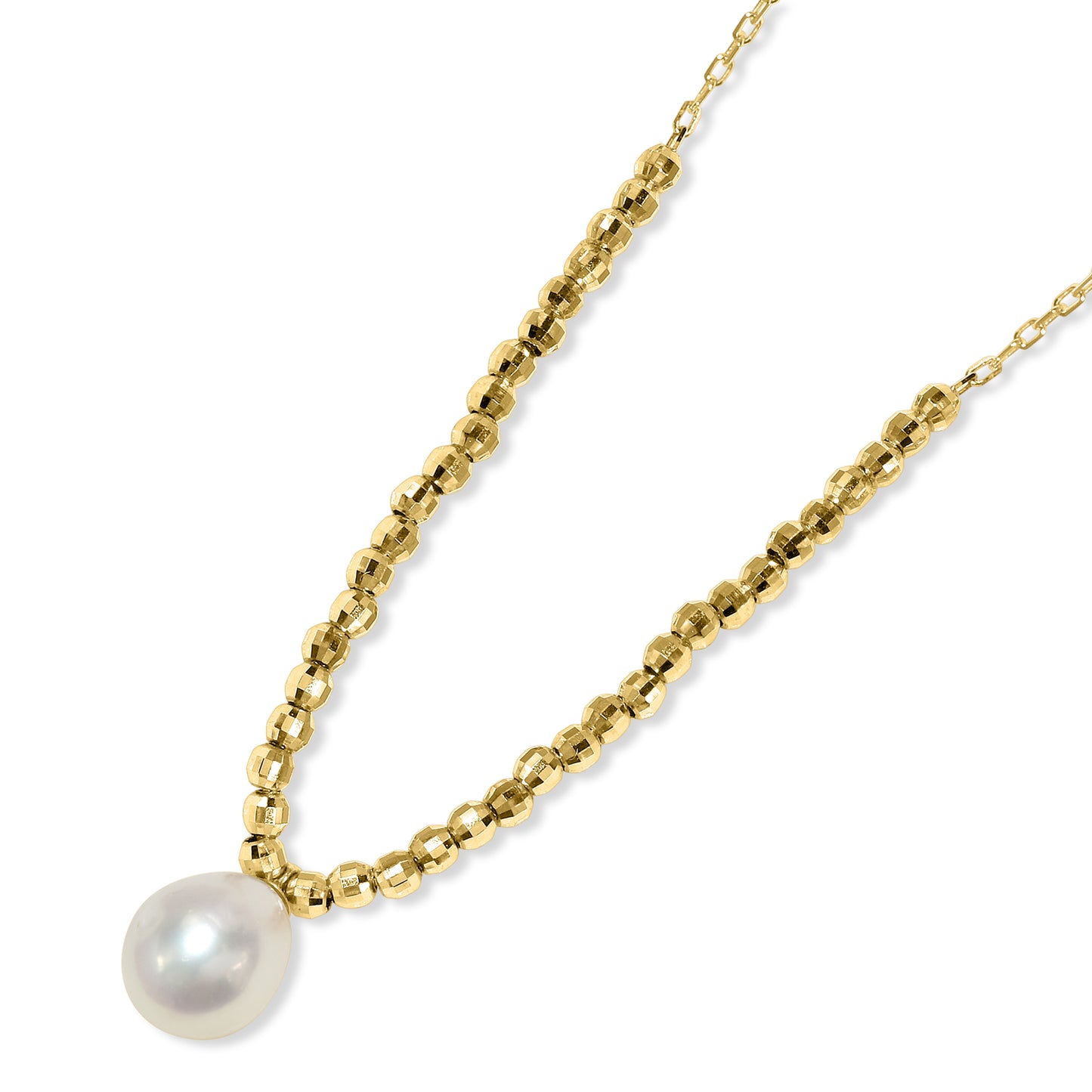 14k White Pearl Drop Faceted Gold Ball Necklace