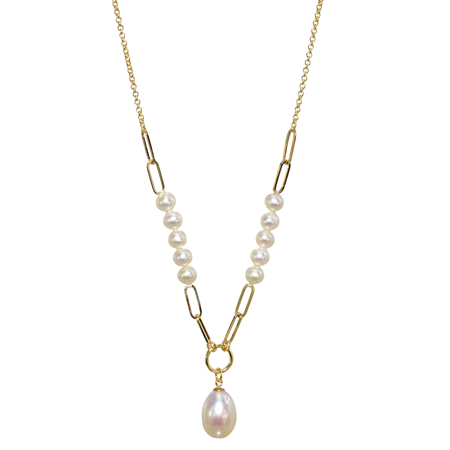 14k White Pearl Drop Paperclip Station Necklace