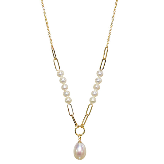14k White Pearl Drop Paperclip Station Necklace