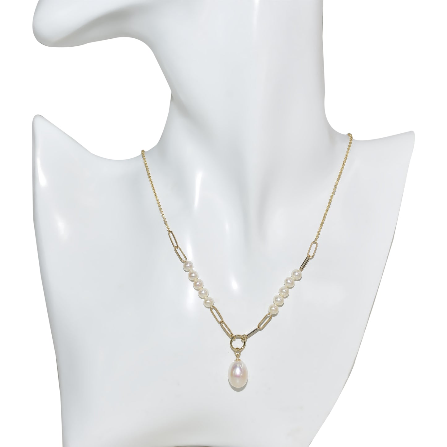 14k White Pearl Drop Paperclip Station Necklace