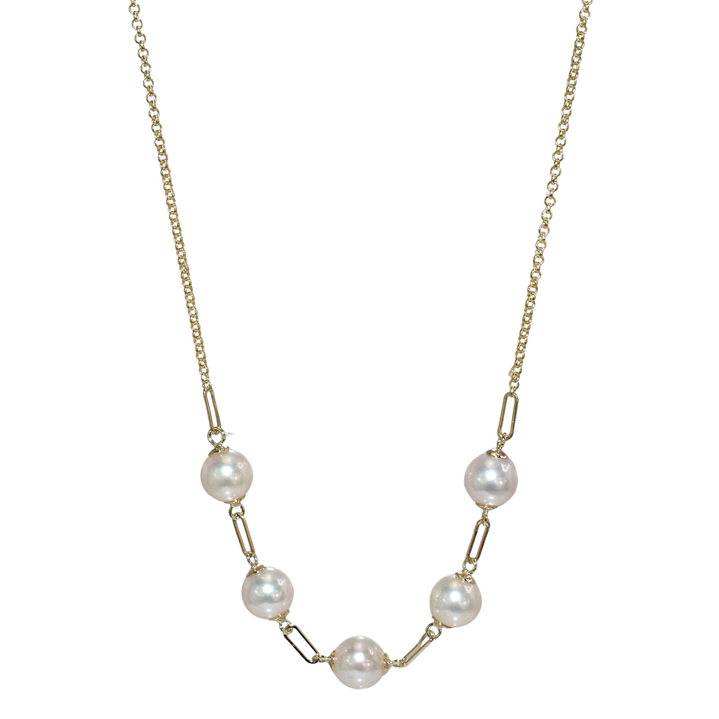 14k White Pearl 5 Piece Paperclip Link Necklace