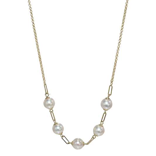 14k White Pearl 5 Piece Paperclip Link Necklace