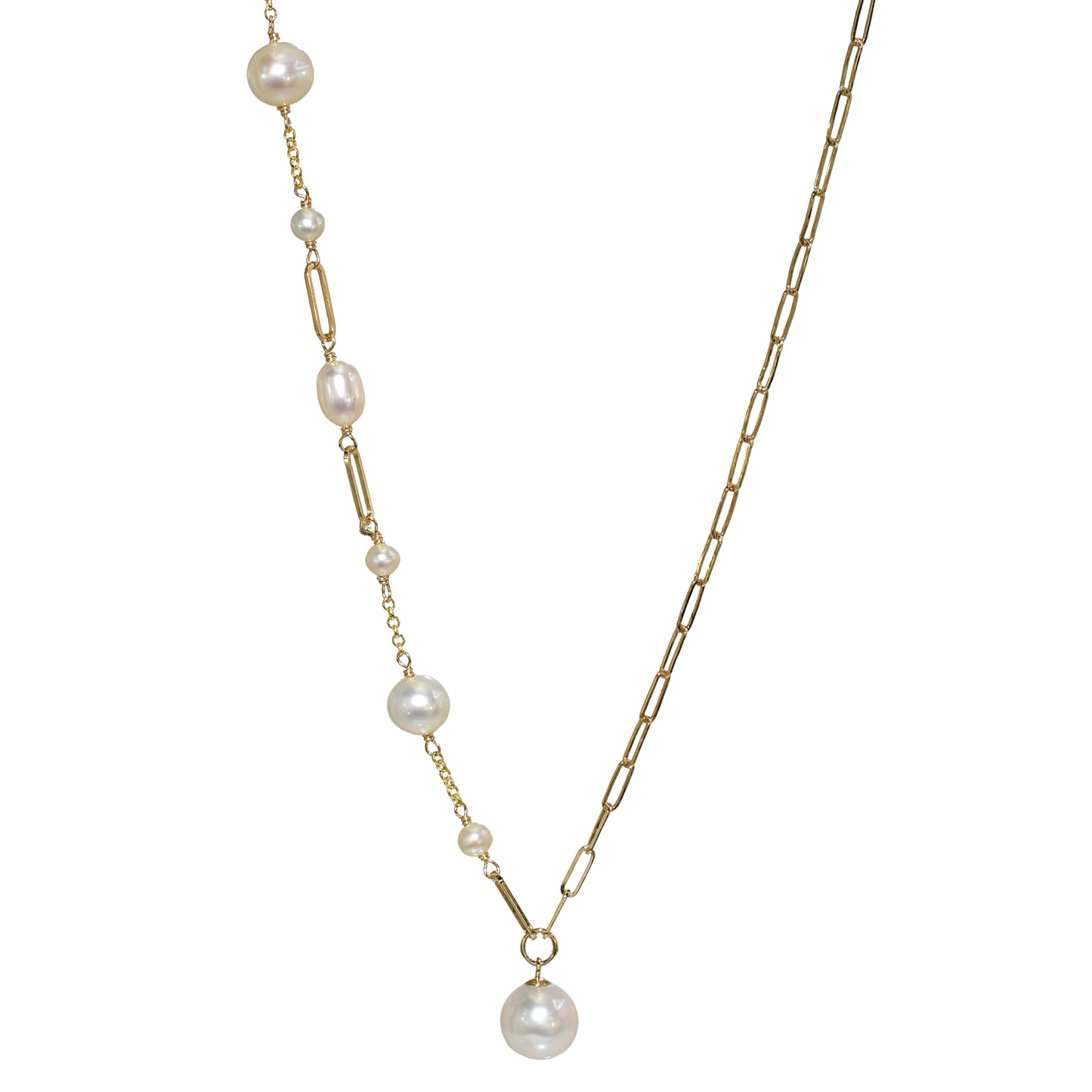 14k White Pearl Fancy Link Paperclip Necklace