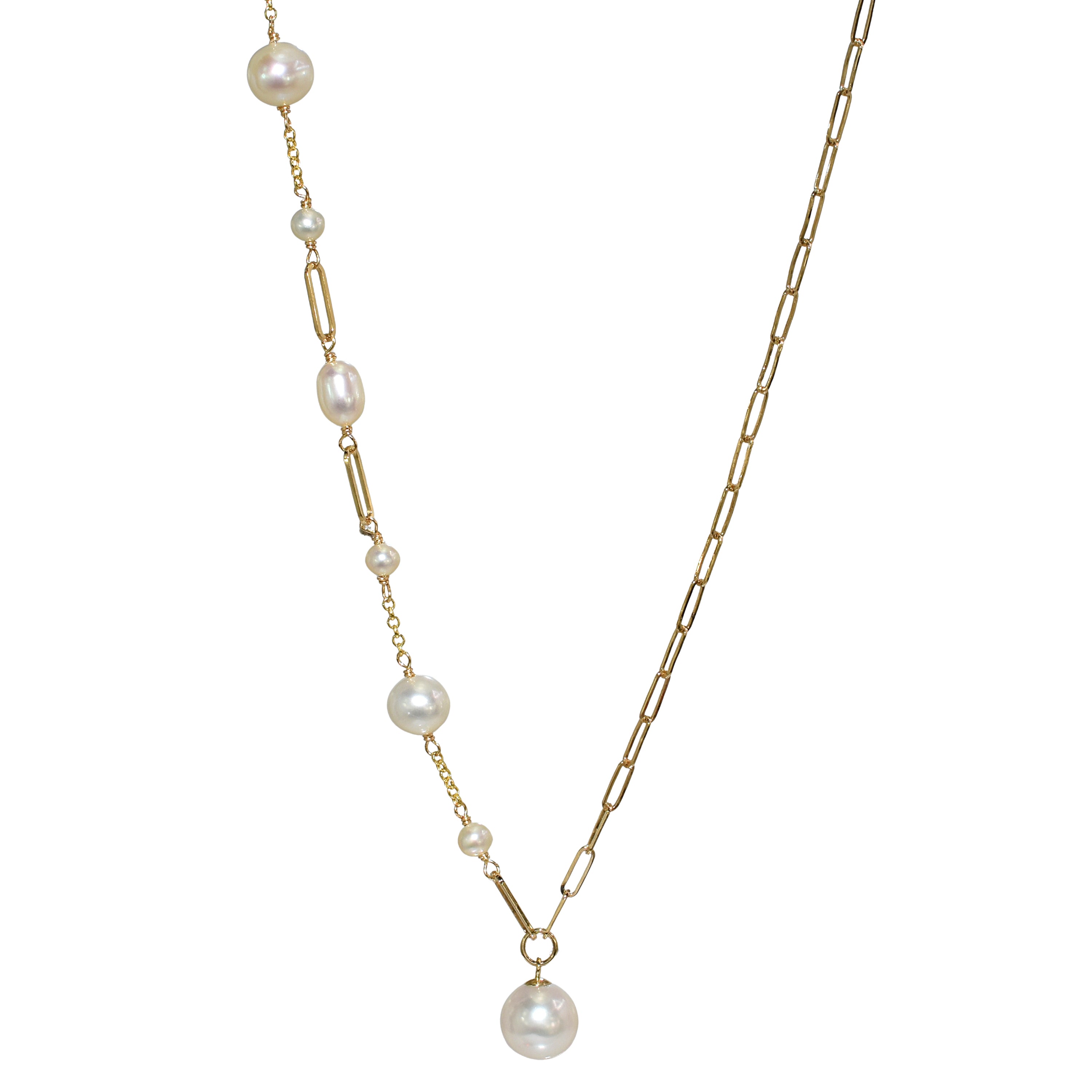 14k White Pearl Fancy Link Paperclip Necklace