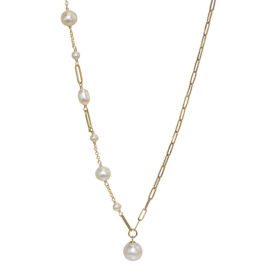 14k White Pearl Fancy Link Paperclip Necklace