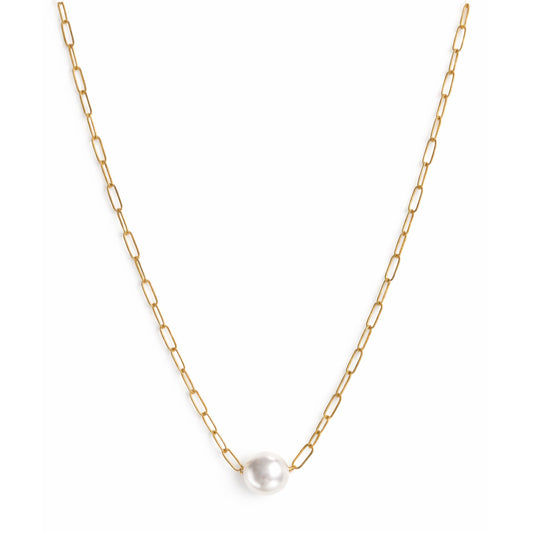 14k White Coin Pearl Paperclip Necklace