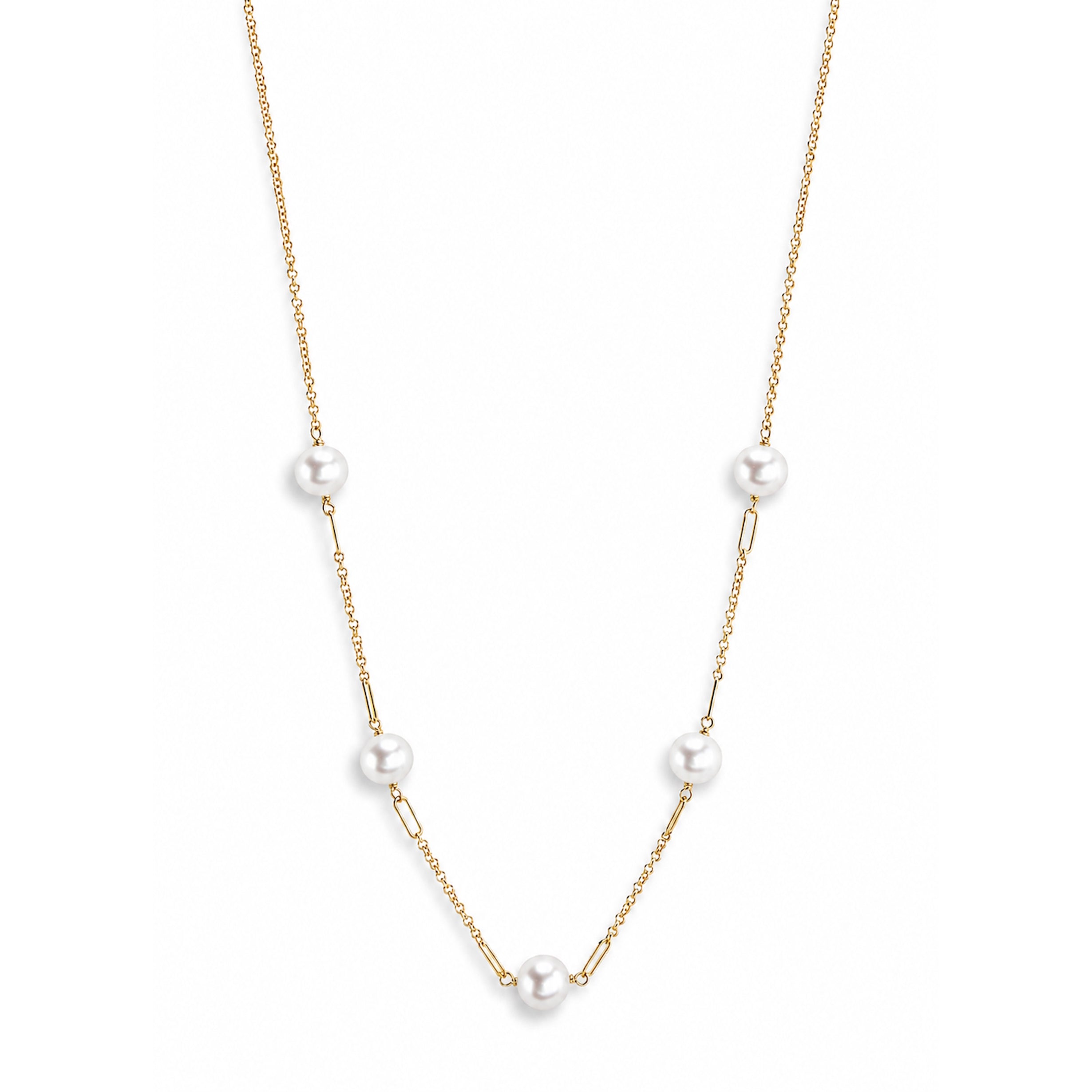 14k White Pearl Paperclip 5 Station Necklace