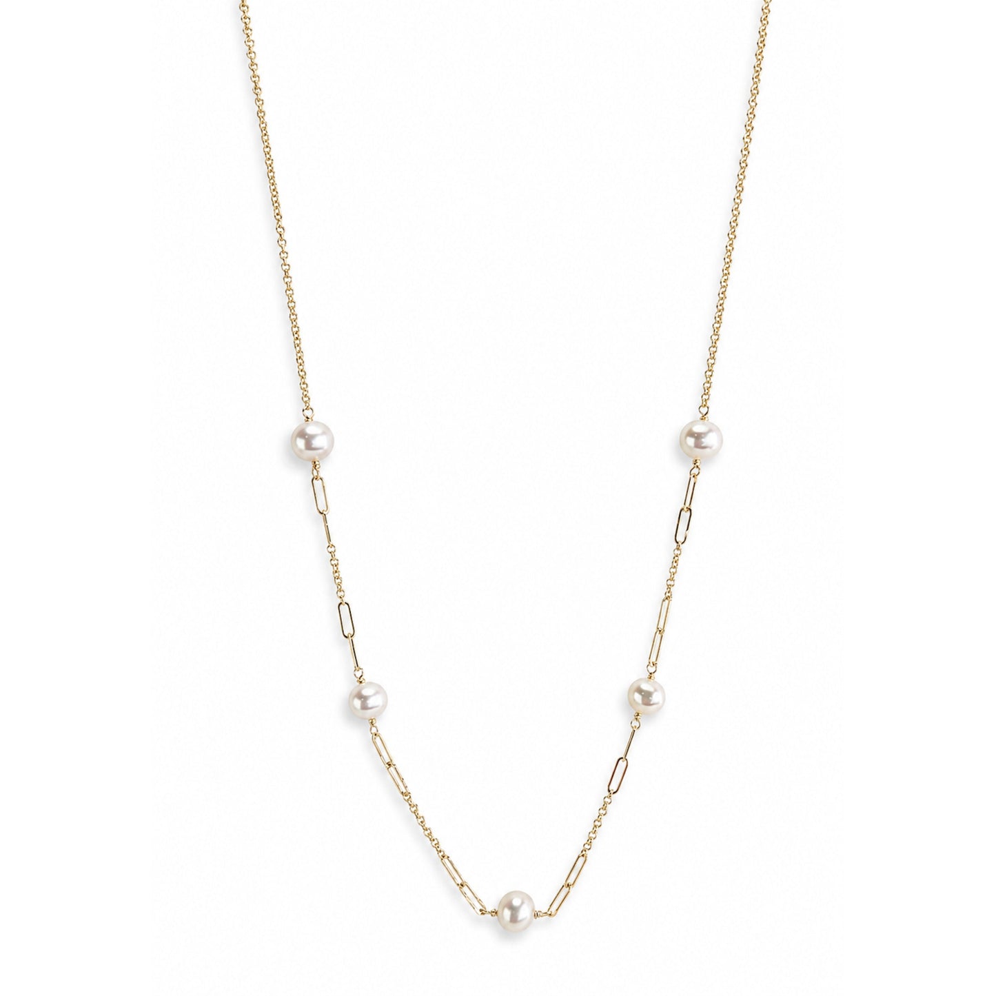 14k White Pearl Paperclip 5 Station Necklace
