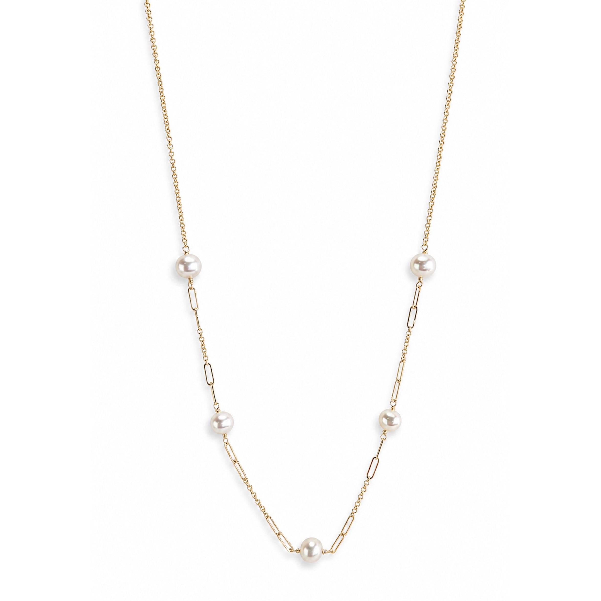 14k White Pearl Paperclip 5 Station Necklace