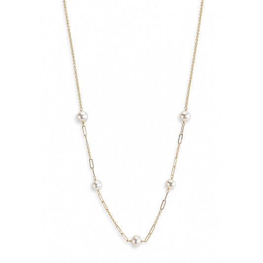 14k White Pearl Paperclip 5 Station Necklace
