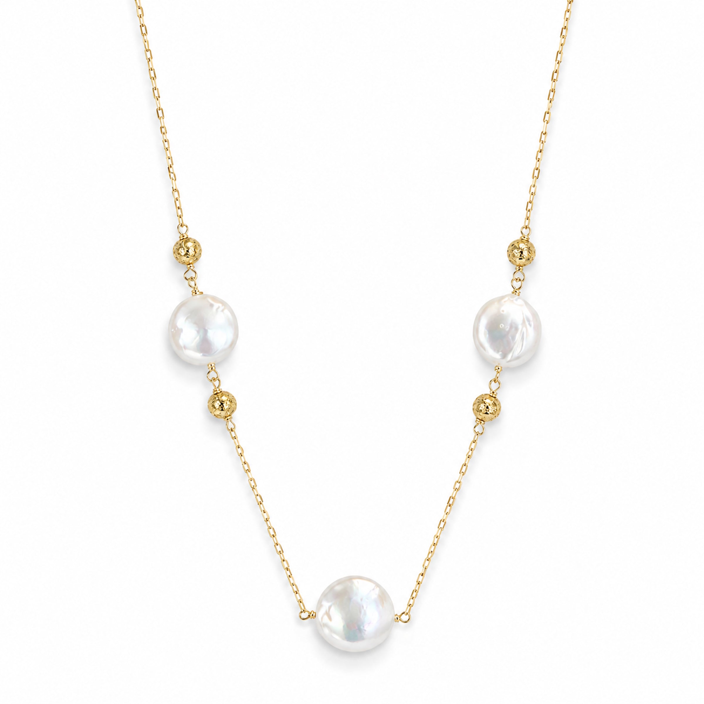 14k White Coin Pearl Gold Ball 3 Station Necklace