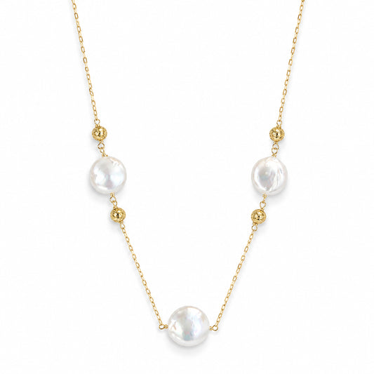 14k White Coin Pearl Gold Ball 3 Station Necklace