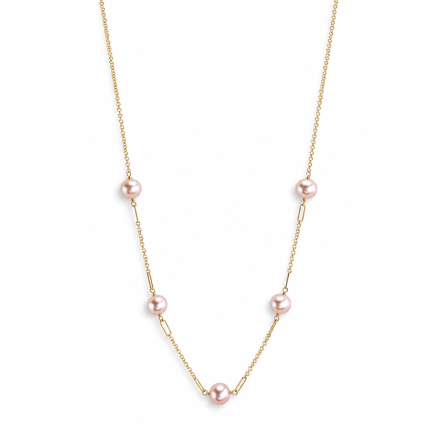 14k Natural Pink Pearl Paperclip 5 Station Necklace