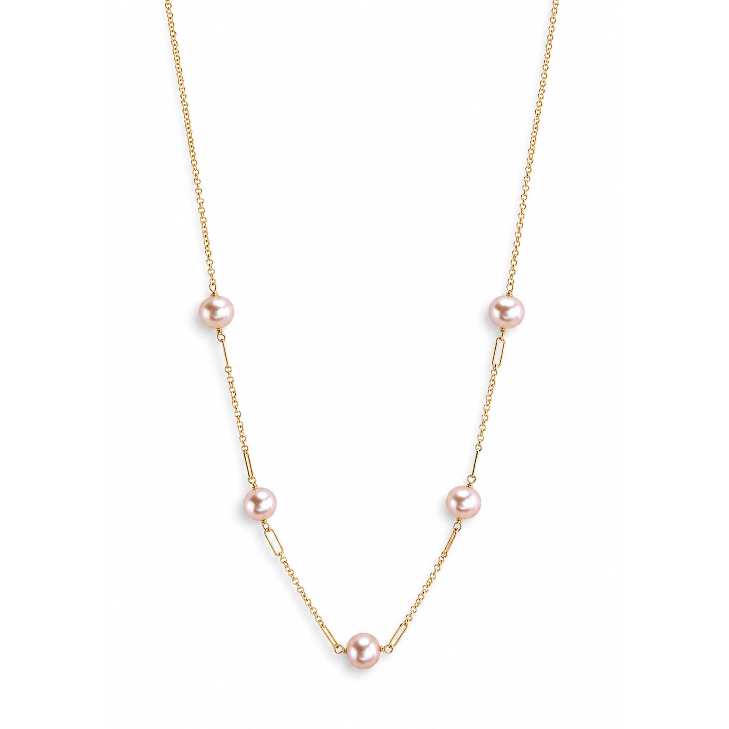 14k Natural Pink Pearl Paperclip 5 Station Necklace