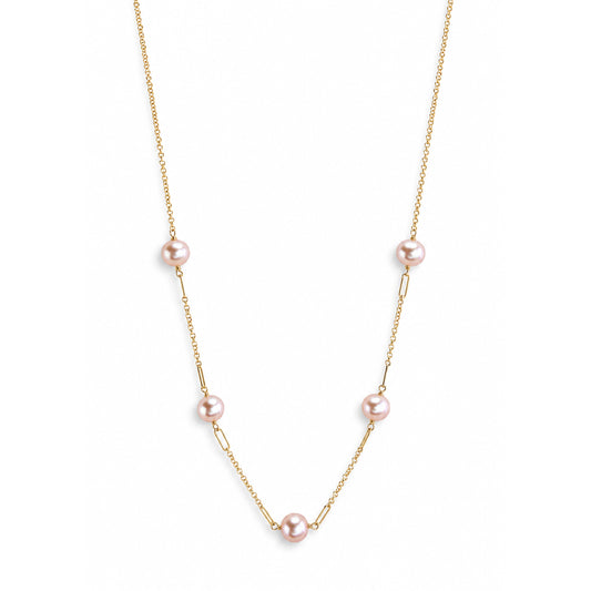 14k Natural Pink Pearl Paperclip 5 Station Necklace