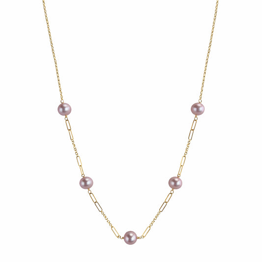 14k Natural Pink Pearl Paperclip 5 Station Necklace