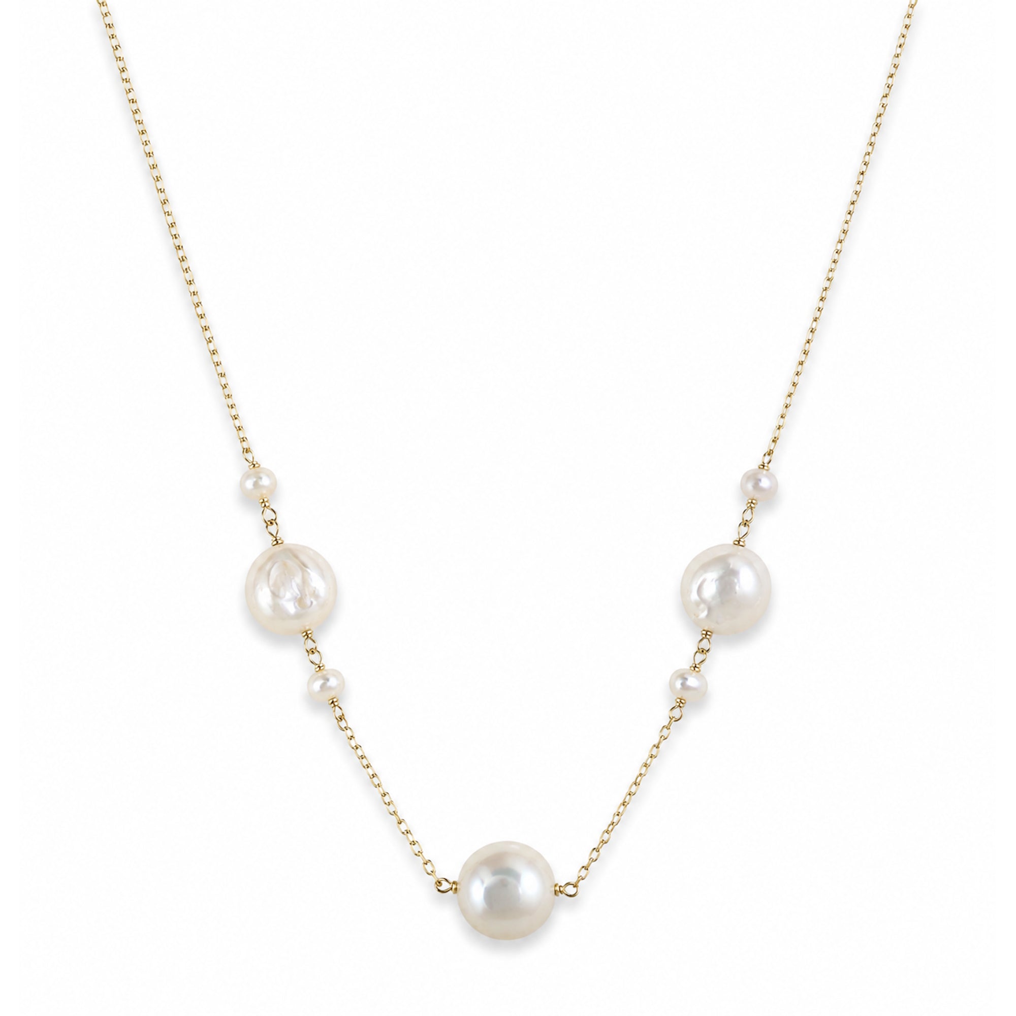 14k White Coin Pearl 3 Station Necklace