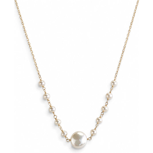 14k White Pearl Link Coin Center Necklace