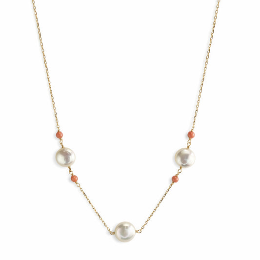 14k Pink Coral & White Coin Pearl 3 Station Necklace