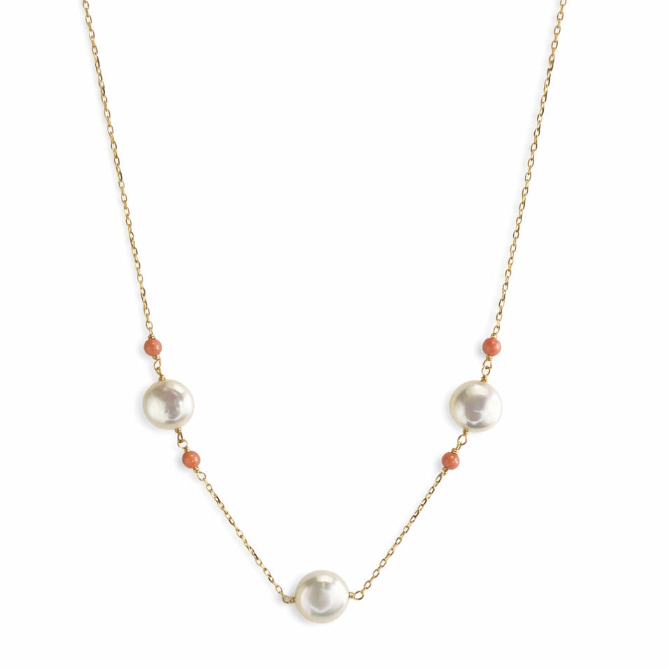 14k Pink Coral & White Coin Pearl 3 Station Necklace