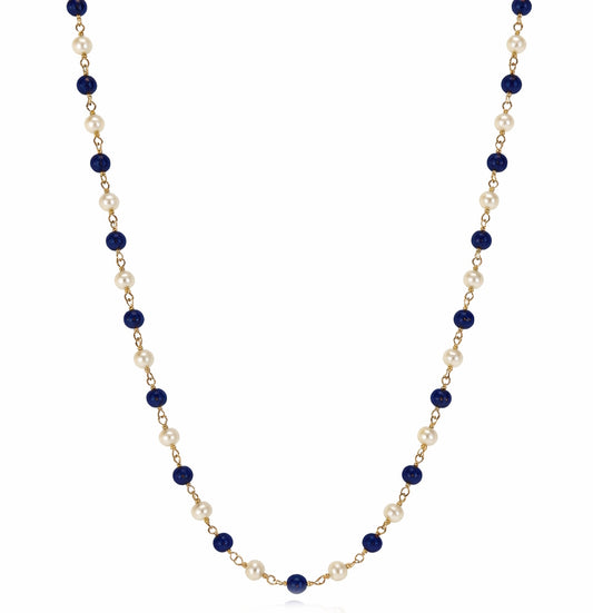 14k White Pearl Lapis 1x1 Link Necklace