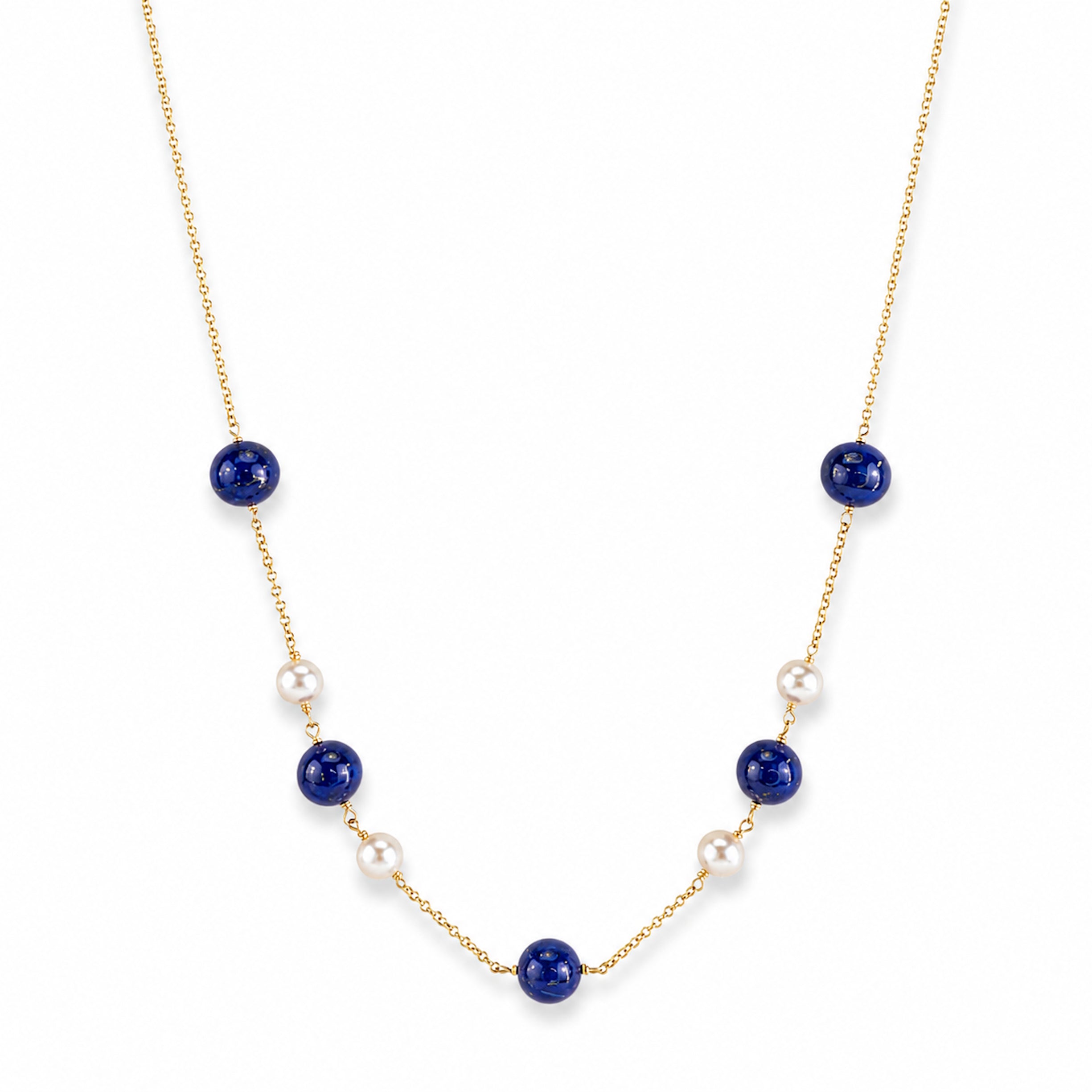 14k White Pearl Lapis Station Necklace