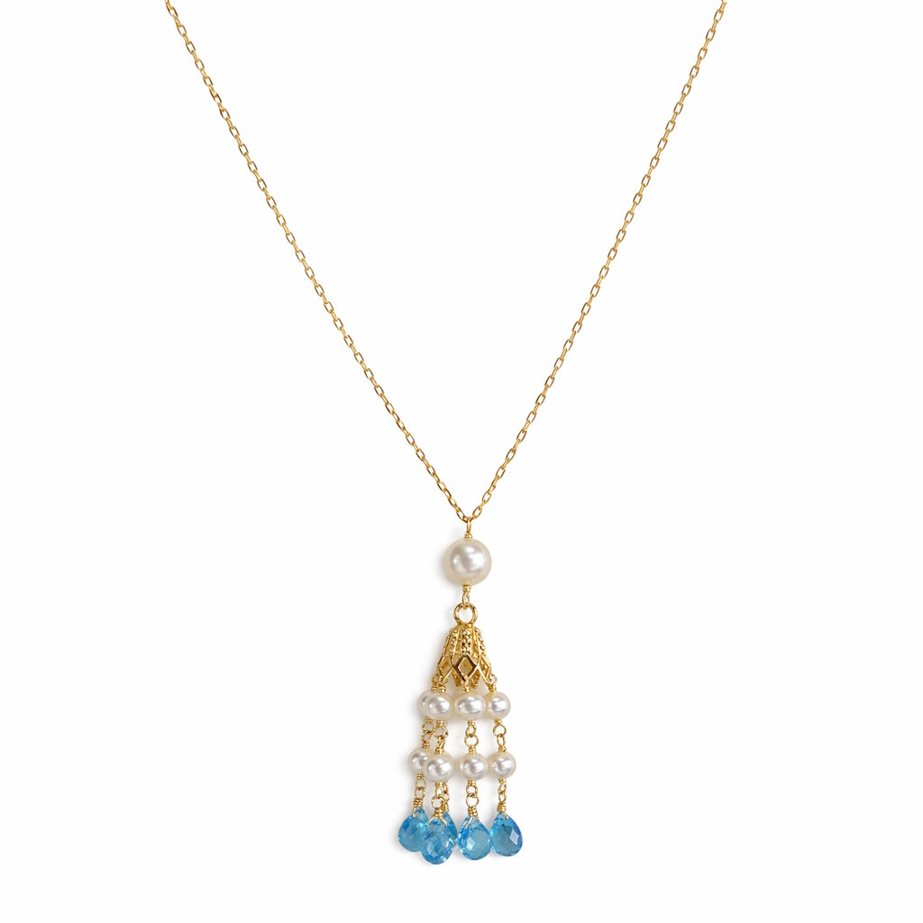 14k White Pearl & Blue Topaz Tassel Pendant Necklace