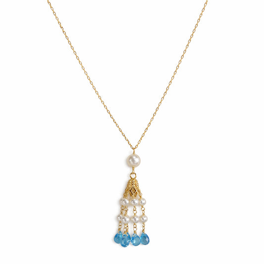 14k White Pearl & Blue Topaz Tassel Pendant Necklace