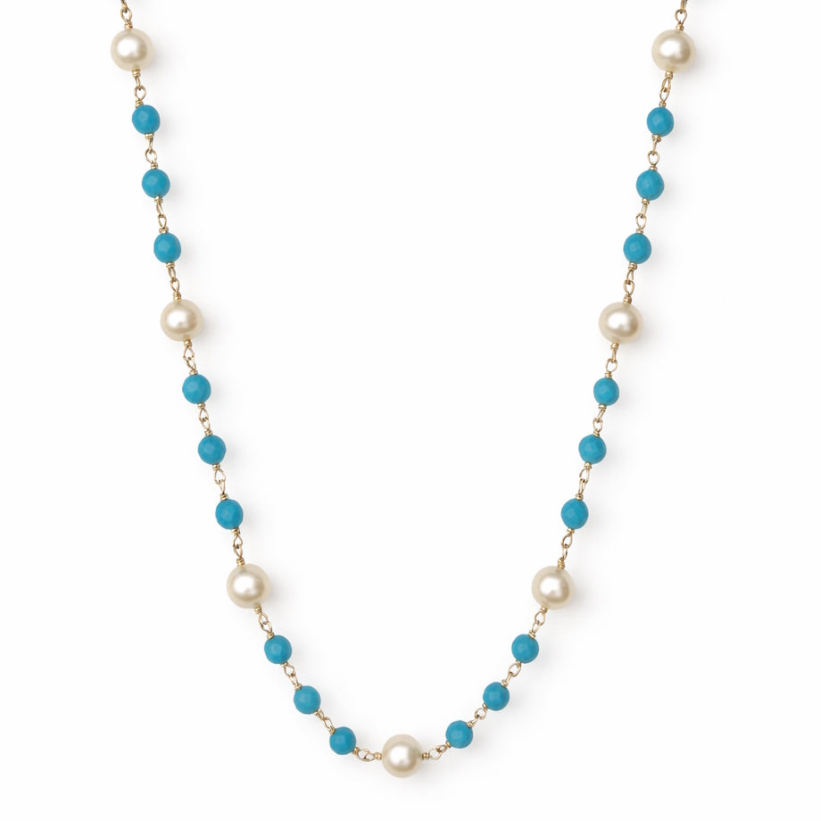 14k White Pearl Turquoise Station Necklace