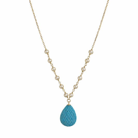 14k White Pearl Link & Turquoise Woven Texture Pear Pendant Necklace
