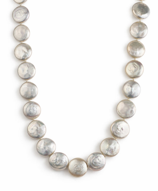 14k White Large Coin Pearl Knotted Necklace