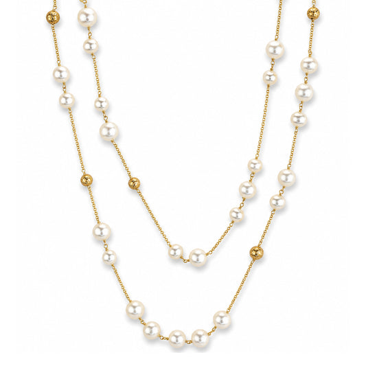 14k White Pearl Gold Ball Station Necklace