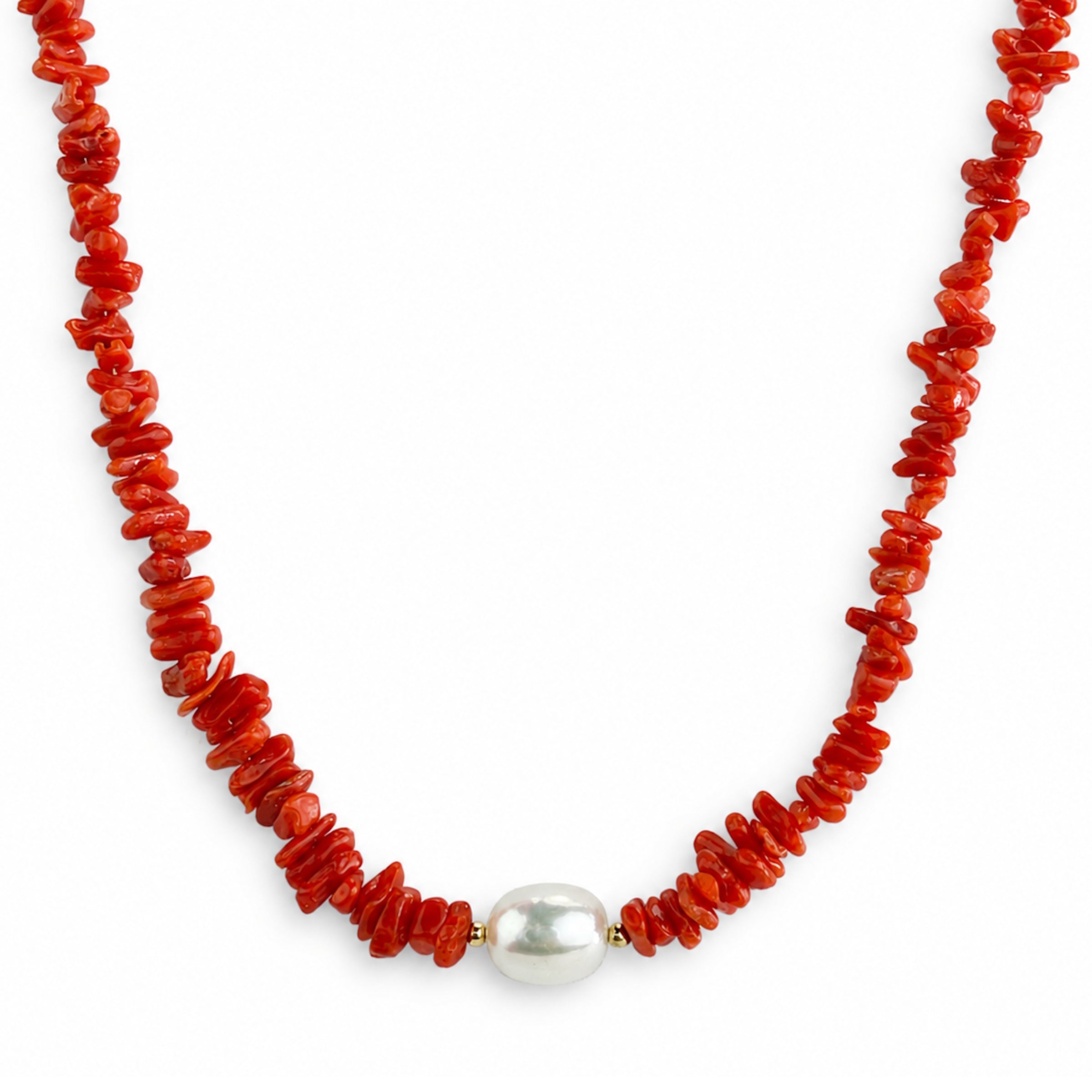 14k Natural Red Coral Chip & White Pearl Center Necklace