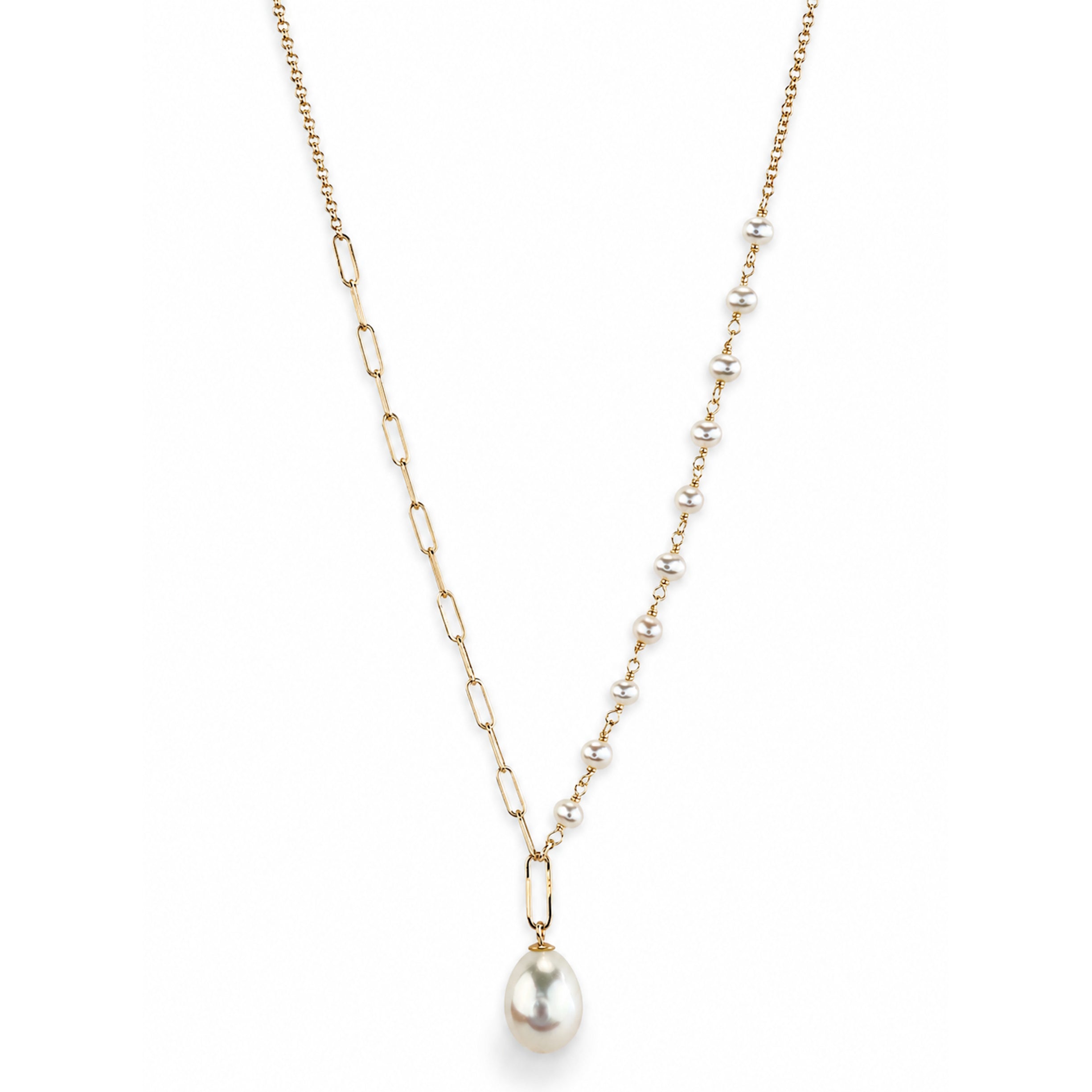 14k White Pearl Paperclip with Drop Pendant Necklace