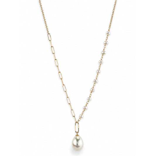 14k White Pearl Paperclip with Drop Pendant Necklace