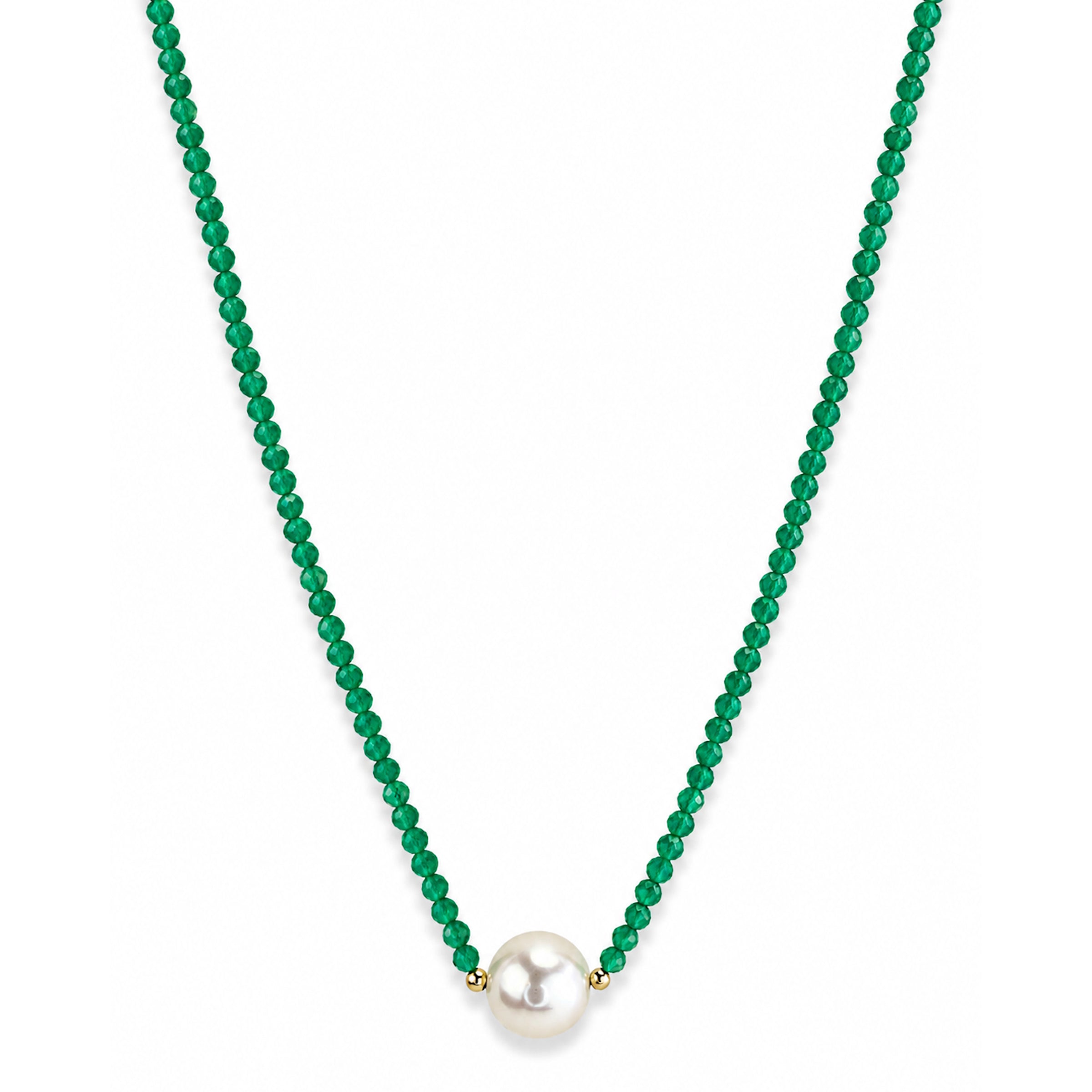 14k Green Onyx or Black Spinel LG White Pearl Center Necklace