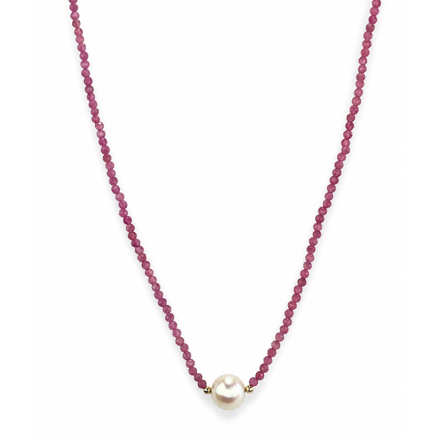 14k Gold Gemstone Small Beads with White Pearl Center Necklace