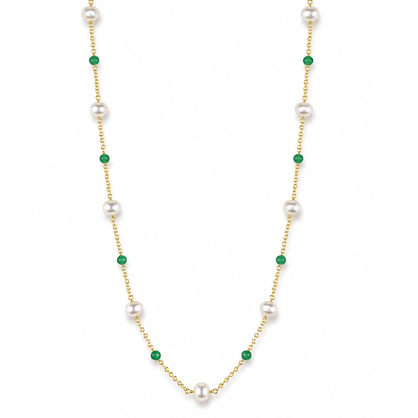 14k White Pearl Emerald / Ruby Station Necklace