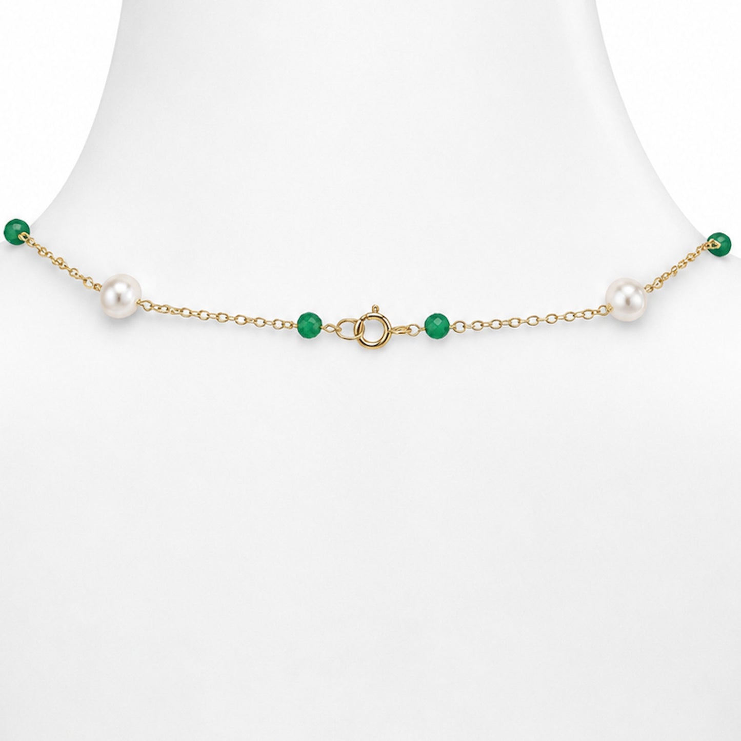 14k White Pearl Emerald / Ruby Station Necklace
