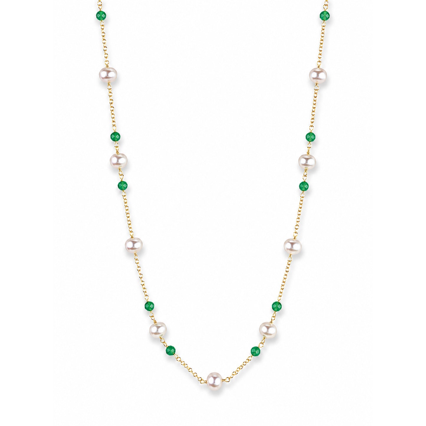 14k White Pearl Faceted Emerald / Ruby Station Necklace