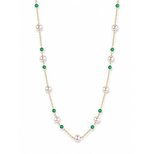 14k White Pearl & Faceted Gemstones Station Necklace