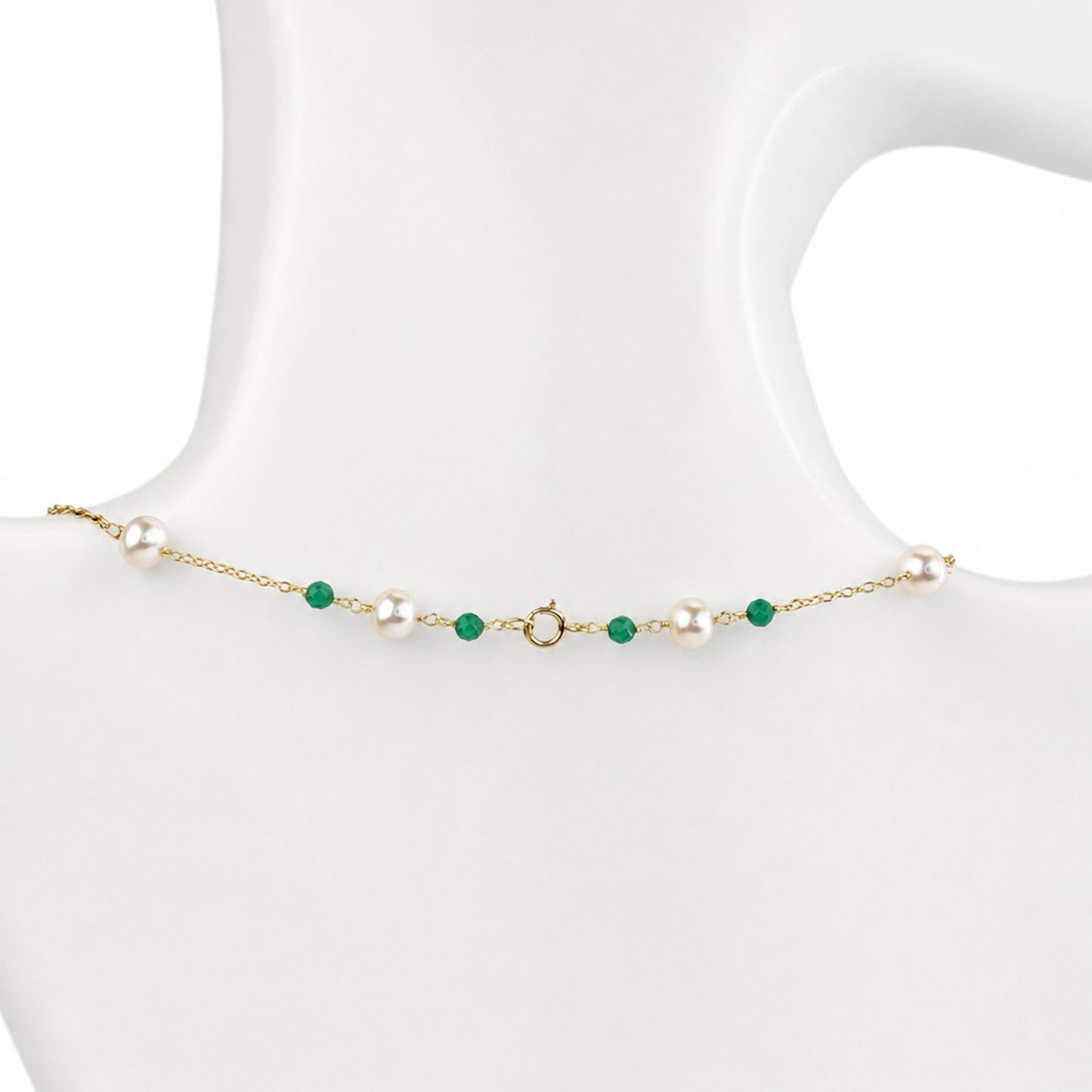 14k White Pearl Faceted Emerald / Ruby Station Necklace