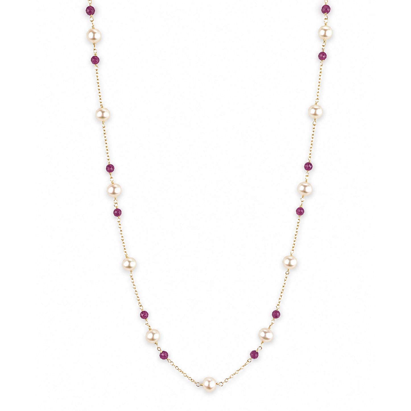 14k White Pearl Faceted Emerald / Ruby Station Necklace