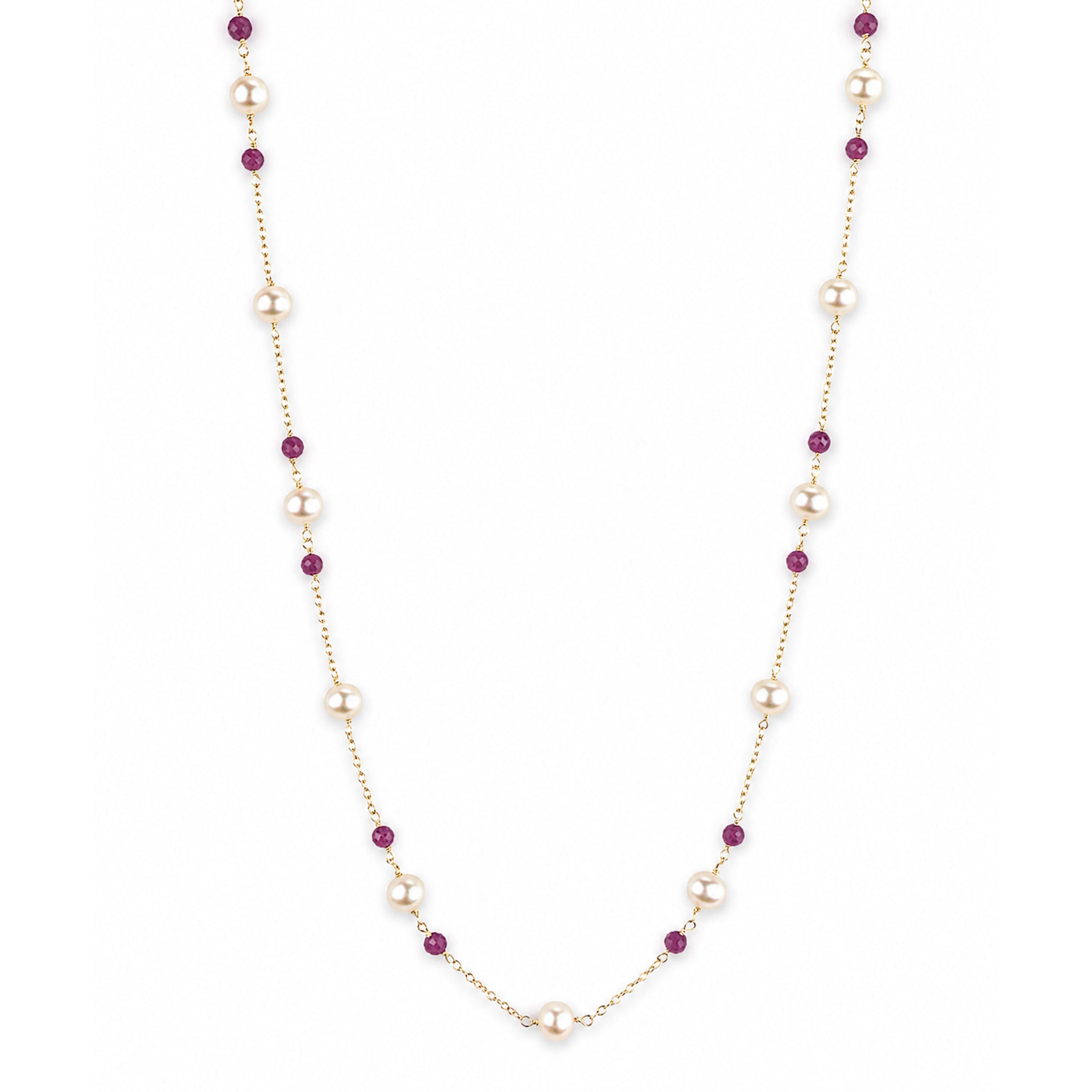 14k White Pearl & Faceted Gemstones Station Necklace