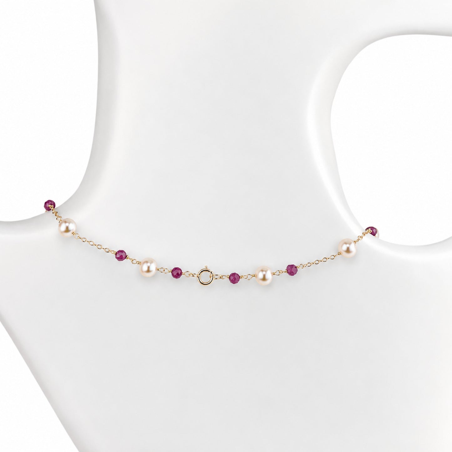 14k White Pearl Faceted Emerald / Ruby Station Necklace