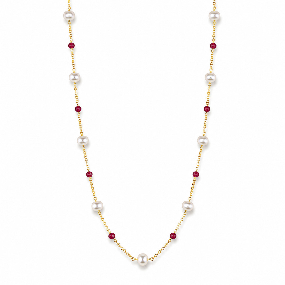 14k White Pearl & Gemstones Station Necklace