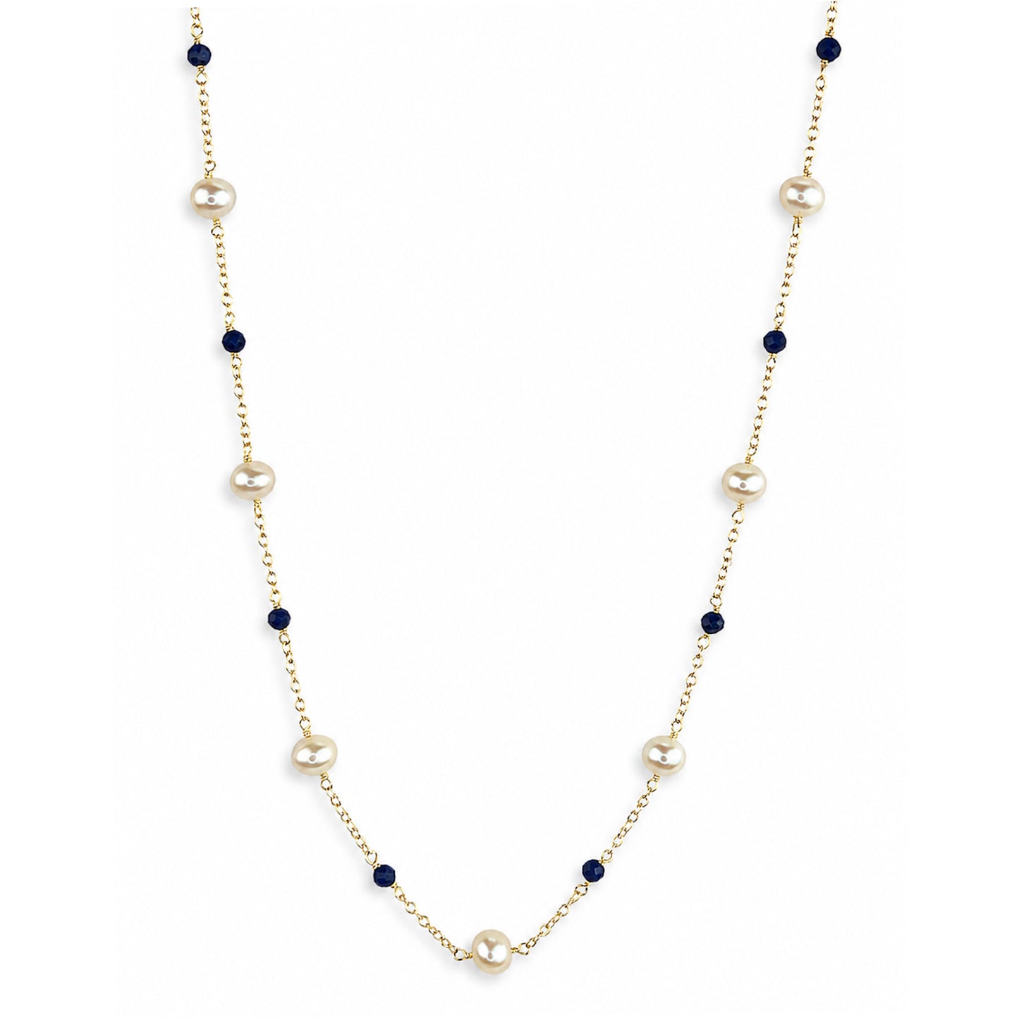 14k White Pearl & Gemstones Station Necklace