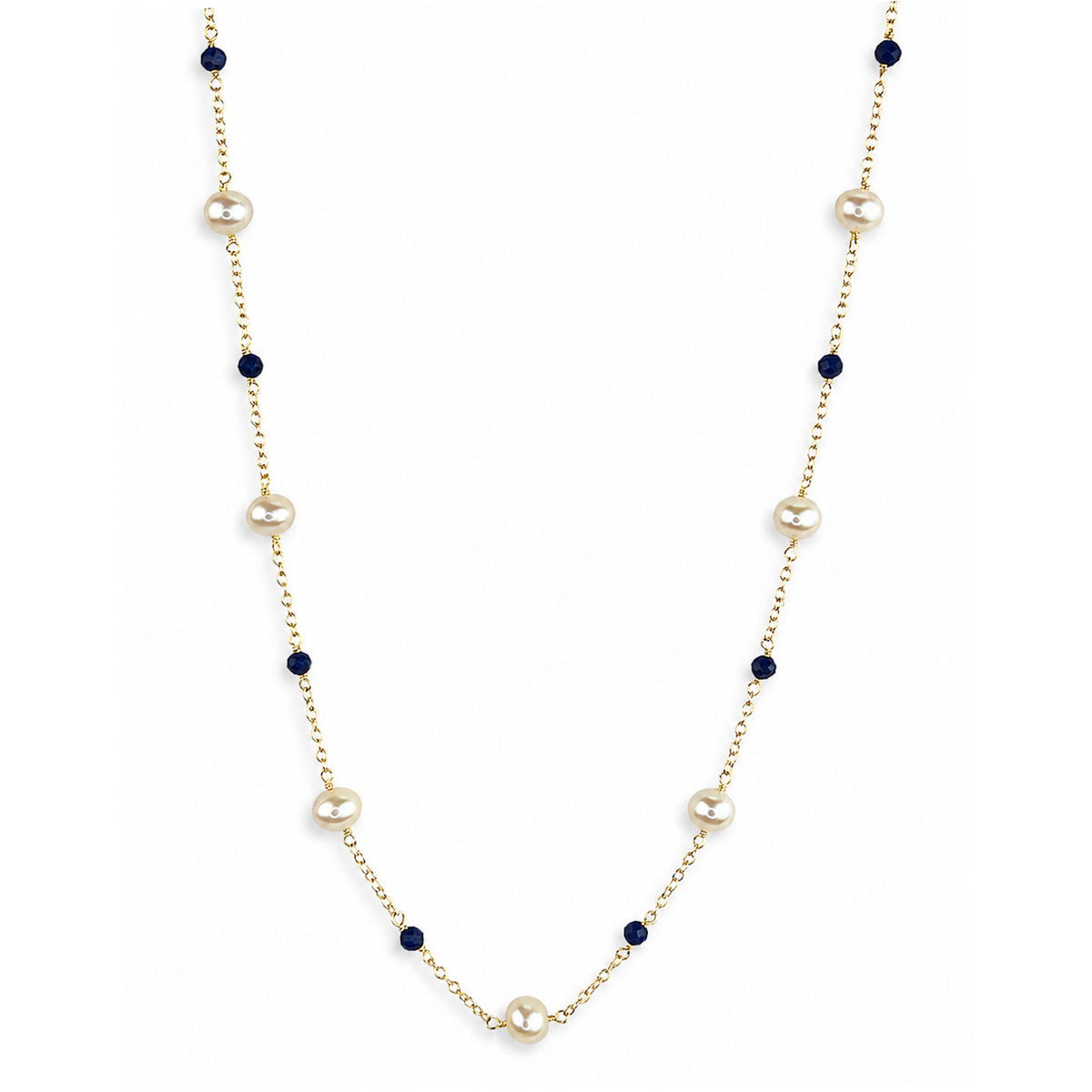 14k White Pearl & Gemstones Station Necklace