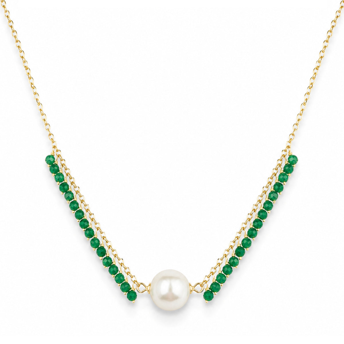 14k White Pearl Center & Dyed Emerald, Ruby or Sapphire Cluster Necklace