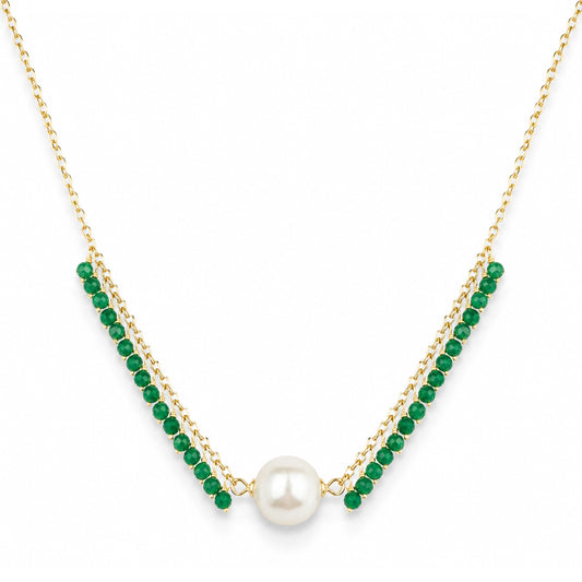 14k White Pearl Center & Dyed Emerald, Ruby or Sapphire Cluster Necklace